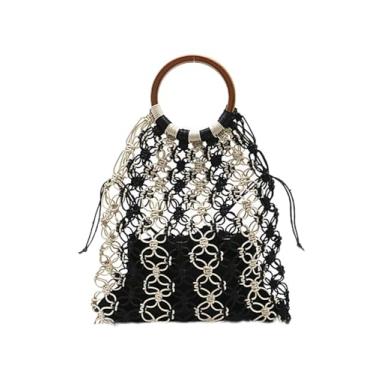 Imagem de SHAREYOIU Bolsa feminina de palha natural bolsa de praia com alça superior oca, Preto