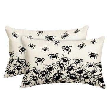 Imagem de AVOIN colorlife Capas de almofada de Halloween Black Spiders, 30 x 50 cm, decoração assustadora de casa de fazenda para sofá conjunto de 2