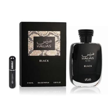 Imagem de Perfume Hawas For Him Black EDP de 100 ml, perfume árabe para homem de longa duração com atomizador recarregável, fragrância cítrica madeira com notas de abacaxi, patchouli e musgo de carvalho (For