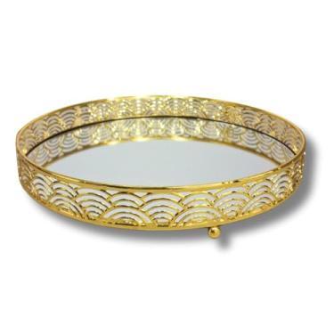 Imagem de Bandeja Decorativa Luxo Espelhada em Metal Redonda Banheiro Lavabo Multiuso Casa (Dourada)