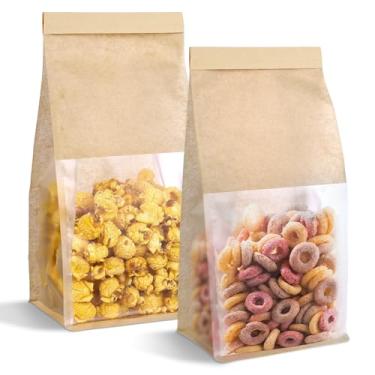 Imagem de Dualshine Pacote com 100 sacos de pão com laço de lata, pequenos sacos de padaria com janela transparente, bagel de pastelaria, sacos de biscoito para padaria, pão caseiro, pipoca, biscoitos, grão de