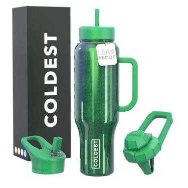 Imagem de Copo Coldest com alça e canudo, copo isolado 100% à prova de vazamento com tampa e canudo (3 tampas), copos de aço inoxidável para mulheres e homens, compatível com porta-copos, 1,304 g (verde