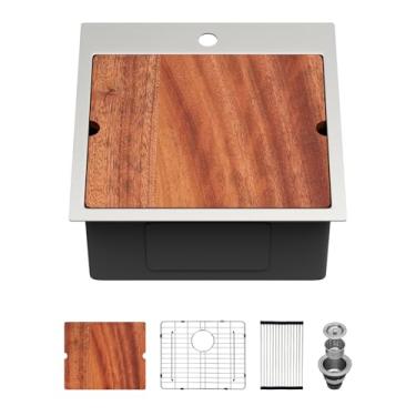 Imagem de Pia de barra de 45,7 cm - pia de cozinha Beslend 45,7 cm x 45,7 cm, pia pequena de aço inoxidável, pias de bar molhado, estação de trabalho, tigela única de calibre 16 acima do balcão