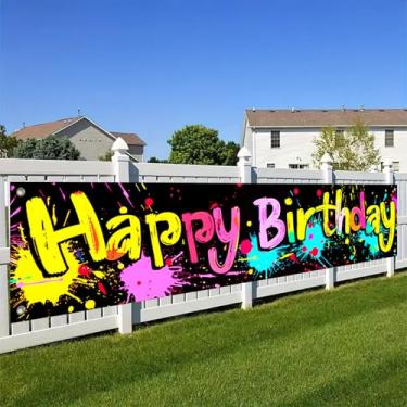 Imagem de BlissYard Banner de fundo de feliz aniversário, colorido, grafite, salpicos de tinta neon para pendurar na parede, 295 x 50 cm, para festa de aniversário, crianças, celebração, evento, decoração de