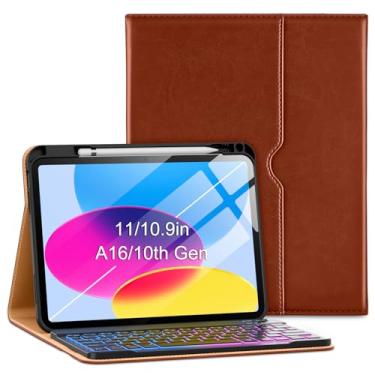 Imagem de VIKESI Capa com teclado para iPad (A16,2025) 11ª geração/iPad 10ª geração (10,9 polegadas 2022), capa inteligente de couro premium, luz de respiração integrada, fileira de funções, suporte de lápis