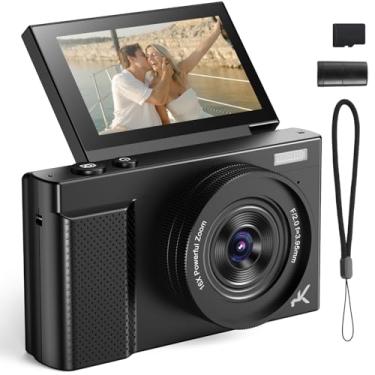 Imagem de Câmera digital 4K 64MP para vlogging e fotografia com tela flip de 3 polegadas 180°, zoom 16X, lente macro, função de webcam - câmera apontar e fotografar (preto)