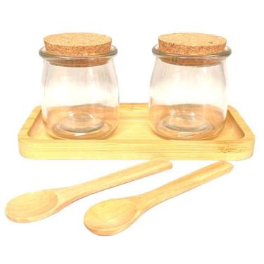 Imagem de Kit Pote Potinhos de Vidro Temperos Açúcar Sal com Colher e Base de Ba