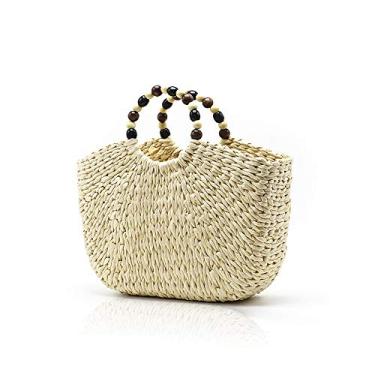 Imagem de QTKJ Bolsa feminina moderna de palha retrô de verão, feita à mão, boho, praia, grande, com alça de contas (bege)