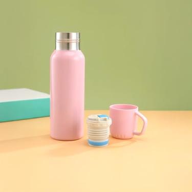 Imagem de Garrafa Térmica com 3 Canecas, 500ml, Aço Inox, Parede Dupla com Isolamento a Vácuo, 26cm x 7cm (Rosa)