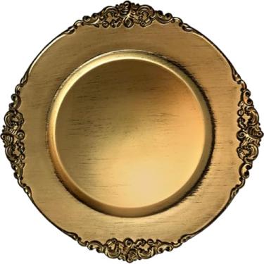 Imagem de Sousplat Dourado Decorativo Redondo Rústico Poliuretano com Borda Ornamentada Vintage para Mesa de Jantar 33x22 cm