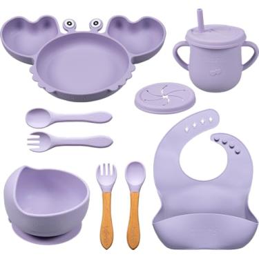 Imagem de Kit Alimentação Bebê Silicone Completo 9 Peças | Prato, Copo, Talheres, Babador | BLW, Livre de BPA, Antiderrapante (LILÁS)