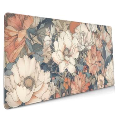 Imagem de Mouse pad floral japonês 2GG 90 x 40 cm arte estética minimalista branco coral rosa flor estendida grande gamer mousepad teclado tapete de mesa antiderrapante base de borracha bordas costuradas para