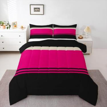 Imagem de Erosebridal Conjunto de Edredom Listrado Patchwork Rosa Choque Listras Pretas Conjuntos de Cama Estética Geométrica Ombre Plumas Alternativa Edredom para Crianças Meninas Mulheres (Gêmeo, Padrão 04)