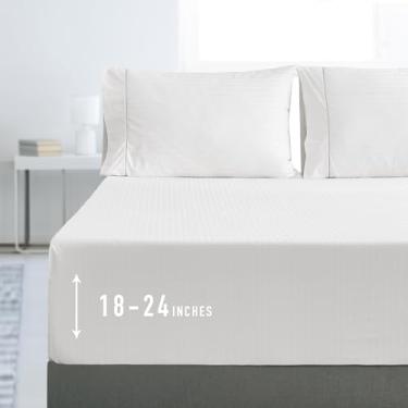 Imagem de Sunflower Lençol Queen, 1 lençol com elástico extra profundo 56 cm, 100% algodão, cetim, macio, respirável, branco listrado