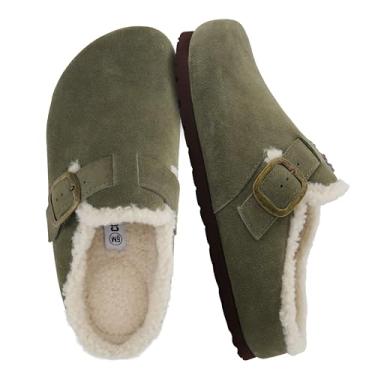 Imagem de CUSHIONAIRE Tamancos femininos de couro genuíno Haven – Sapatos femininos sem cadarço com forro de pele sintética com palmilha de cortiça e fivela ajustável, Cáqui, 11 Wide