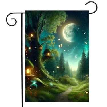 Imagem de ShineSnow Fantasia mágica floresta noite lua caprichosa casa árvore janela luz jardim quintal bandeira 30.5 cm x 45.7 cm dupla face poliéster bem-vindo bandeira bandeira para pátio gramado exterior