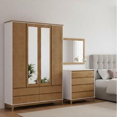 Imagem de Conjunto Guarda Roupa + Cômoda 4 Gavetas + Moldura com Espelho  Madeira Maciça e MDF Finestra Móveis Off White/Freijó