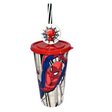 Imagem de Copo refri com tampa canudo pin homem aranha 500ml plastico agua suco 