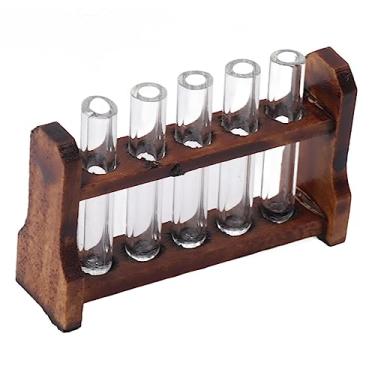 Imagem de Tubo de Teste de Casa de Bonecas Decoração de Fino Acabamento Tubos Em Miniatura Com Prateleira 1:12 Vidro de Madeira de Bétula Removível Requintado para Sala de Costura Doméstica (Tubo de teste transparente de cor de nogueira)