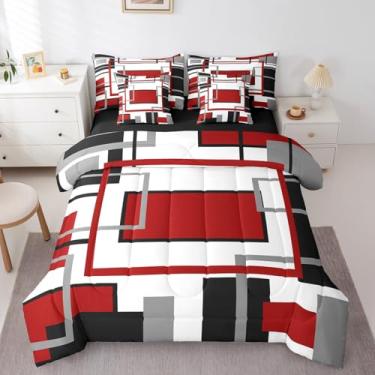 Imagem de Erosebridal Conjunto de edredom Queen geométrico abstrato vermelho, preto e branco, arte estética moderna em uma bolsa minimalista, roupa de cama moderna de meados do século com lençóis, colcha