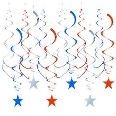 Imagem de GAKA Guirlanda de redemoinhos de teto pendurados em folha vermelha, azul e prata, decorações para aniversário, formatura, suprimentos de festa patriótica (24 peças)