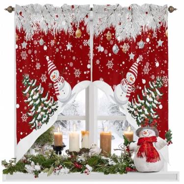 Imagem de Sanefas de Natal para Janelas Bola de Árvore de Natal Vermelha Boneco de Neve Bolso de Haste Tratamento de Janela Agulhas de Pinho Neve Cozinha Janela Cortinas Swag Cortina Valance para Sala de Estar