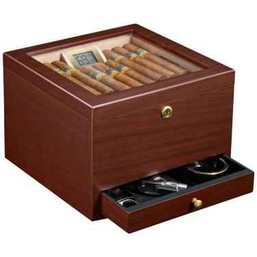 Imagem de Umidor de Charutos Flauno com Capacidade para 70 Charutos, Trava, Circulação de Ar, Cedro Espanhol, Higrômetro Digital e Gaveta