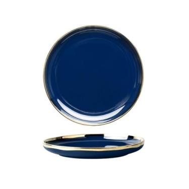 Imagem de Prato de serviço escandinavo simples traçado de ouro prato redondo de cerâmica pratos domésticos prato de bife prato de salada macarrão prato de sobremesa pratos (D)