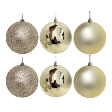Imagem de Conjunto 6 Bolas de Natal Champanhe Prime Texturas Mistas 10cm Glitter, Brilho e Fosca