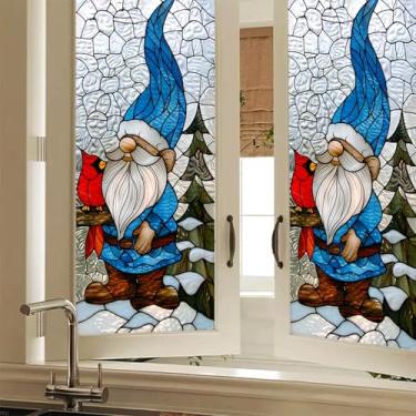 Imagem de HOMETITUTE Película para janela de gnomo de Natal 48 x 100 cm chapéu azul gnomo com pássaro cardeal feriado vitral adesivo decorativo de janela de privacidade para decoração de casa de inverno