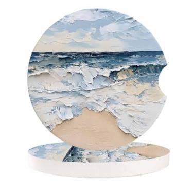 Imagem de Blue Coastal Conjunto de 2 porta-copos de carro para porta-copos, pintura a óleo arte moderna abstrata 2,6 polegadas porta-copos de cerâmica absorvente para bebidas/chá/café