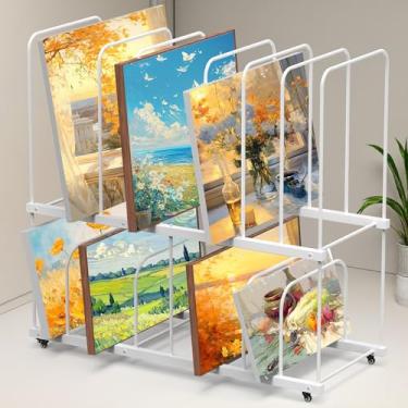 Imagem de Tredre Rack de armazenamento de arte de 2 camadas com rodas, suporte de pintura de secagem de arte extragrande ajustável, suporte de exibição de armazenamento de tela de metal para estúdio de arte