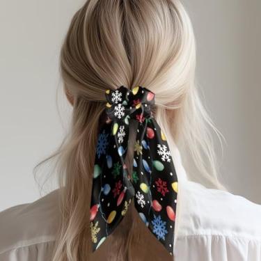 Imagem de Cachecol de cabelo com luzes de Natal para mulheres adolescentes, laços de cabelo com fita de seda para festa à fantasia X-Mas