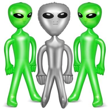 Imagem de BBTO 3 peças de brinquedo inflável alienígena inflável para decoração de festa, Halloween, aniversário, festa temática alienígena (89 cm, verde, prata)