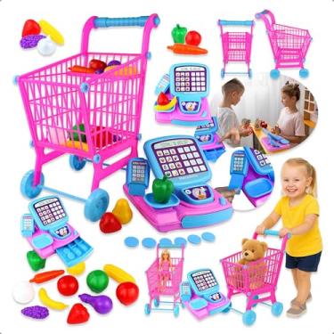 Imagem de Kit Mercado Infantil Com Carrinho E Caixa Registradora Brinquedo Educativo De Compras Com Frutinhas, Moedas E Cartão