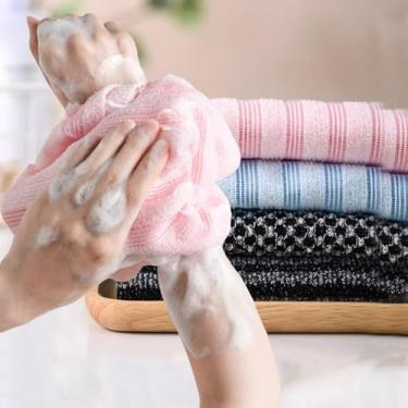 Imagem de 1 esfregão de costas esfoliante para chuveiro buchas de banho de espuma multifuncional buchas esfoliantes ultra-longas, listra rosa cerca de 25 * 100 cm