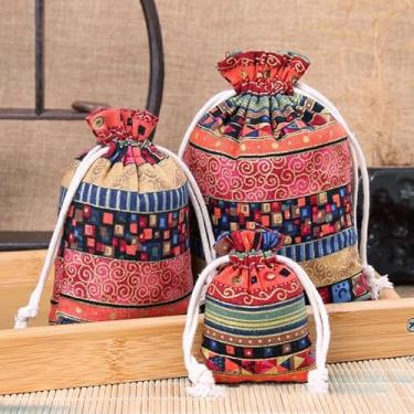 Imagem de Sacos de armazenamento étnicos de tecido, sacos de presente, 3 peças, saco de serapilheira de linho com cordão para lembrancinhas de festa de casamento, celebrações de casamento, embalagem