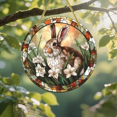 Imagem de Acrílico colorido Suncatcher, coelho em meio a narcisos, decoração de parede de janela suspensa de 18 cm com design de estilo vitral impresso, ideia de presente e ornamento de jardim, uso interno e