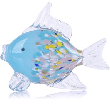 Imagem de LCCCK Estatuetas grandes de peixe de vidro soprado à mão, arte de vidro do mar de aquário, escultura de estátua de peixe com destaque costeiro moderno - para bugigangas de praia, mesas de café, centro