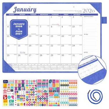 Imagem de Ospelelf Calendário de mesa 2026-2027 agenda mensal de parede almofada de couro com capa protetora 18 meses janeiro 2026 - junho 2027 azul
