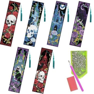 Imagem de Benikmake 6 peças estilo gótico diamante desenho marcador de livro 5D rosa crânio conjunto com pingente de cristal borla DIY para iniciantes artesão retangular 5 x 20 cm 5 x 20 cm colorido