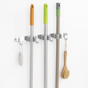 Imagem de Suporte De Parede Com Ganchos Para Vassouras Ferramentas e Aspirtador de Po Multiuso Em Aço Inoxidável Suporta ate 50kg