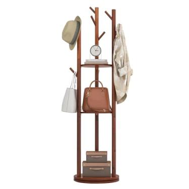 Imagem de Cabide rotativo, cabideiro de madeira independente com 3 prateleiras e 9 ganchos, árvore de casaco, suporte de montagem resistente e fácil para entrada, corredor, quarto, casacos, bolsas, chapéus