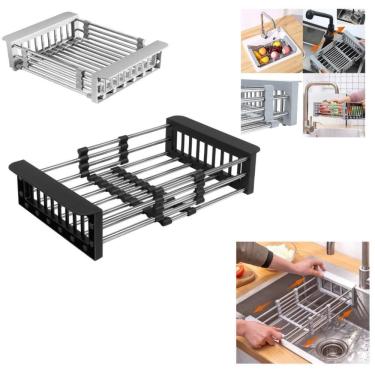 Imagem de Escorredor Pia Inox Retratil Ajustavel Cozinha Louca Suporte Lavar Frutas Legumes Verduras Cesto Fruteira Utensilios Org