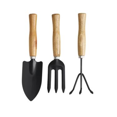 Imagem de Kit de Jardinagem com 3 Peças, Ferramentas Manuais com Cabo de Madeira, Pá, Ancinho e Garfo Cultivador em Metal Preto para Vasos e Canteiros