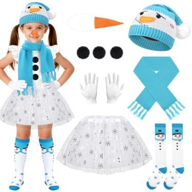 Imagem de Beipegin 9 peças de fantasia de boneco de neve infantil, chapéu de boneco de neve, cachecol de nariz de cenoura, meias de floco de neve e saia tutu branca para meninas, presentes de Natal