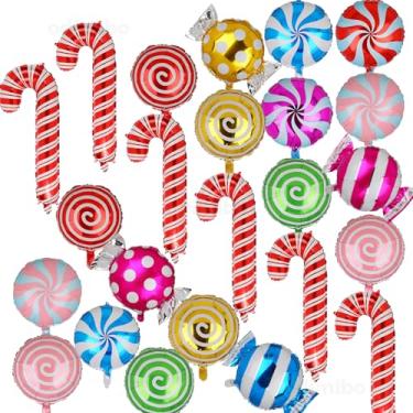 Imagem de 24 Pcs Christmas Foil Colorful Balloons Candy Cane and Lollipop Mylar Balloon Set for Xmas Friendsmas Candyland Birthday New Year Party Decorations