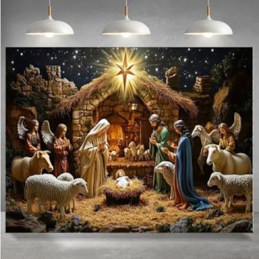 Imagem de Presépio de Natal, fundo fotográfico de calha de cavalo, festa de festival de Natal, fundo de decoração de casa (5 x 3 pés)