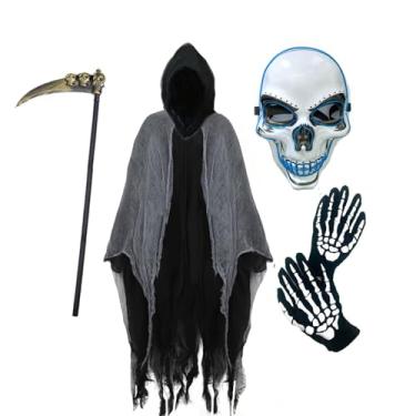 Imagem de BouQuw Fantasia de Ceifador Grim para crianças, fantasias assustadoras de Halloween para meninos e meninas, máscara de LED, capa com capuz, foice, luvas incluídas
