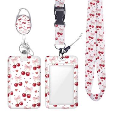 Imagem de Cordão de crachá de identificação de cereja com laço rosa para crachás de identificação, chaveiro protetor vertical, clipes de mosquetão retráteis, cordão de chave resistente para mulheres, meninas